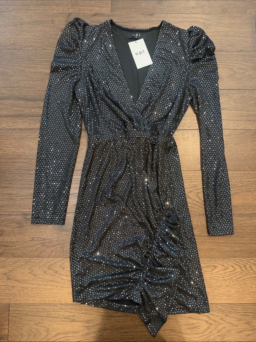 o.p.t Black Sparkle Long-Sleeve Wrap Mini Dress Size Small NWT - C61-025